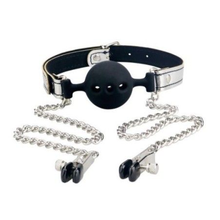 Ball gag traspirante + pinze capezzoli silver