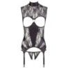 Corsetto coppe aperte con reggicalze e tanga Corsetto coppe aperte con reggicalze e tanga
