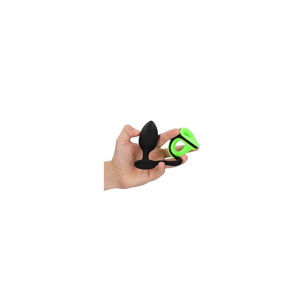 Plug anale con anello fallico Butt Plug Cock Ring & Ball Strap GitD Neon Green/Black