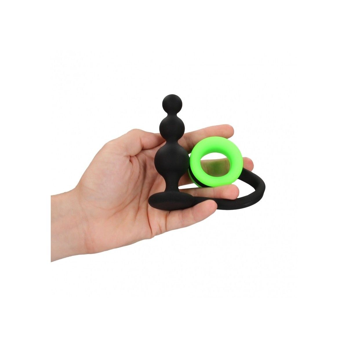 Anello fallico con plug Beads Butt Plug with Cock Ring - GitD - Neon Green/Black