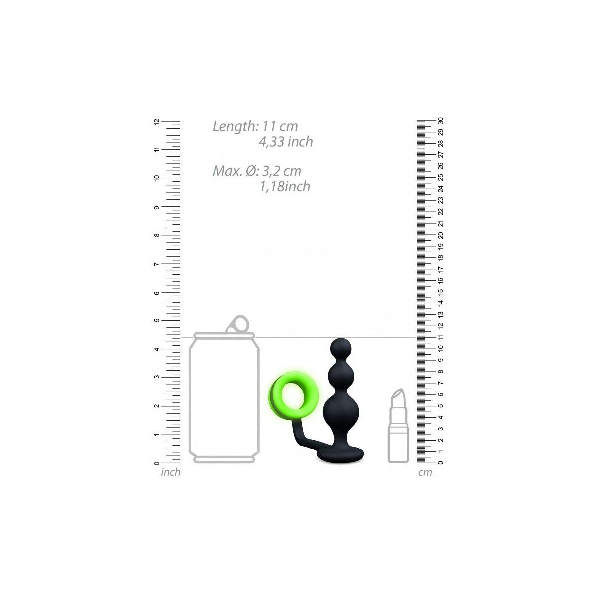 Anello fallico con plug Beads Butt Plug with Cock Ring - GitD - Neon Green/Black