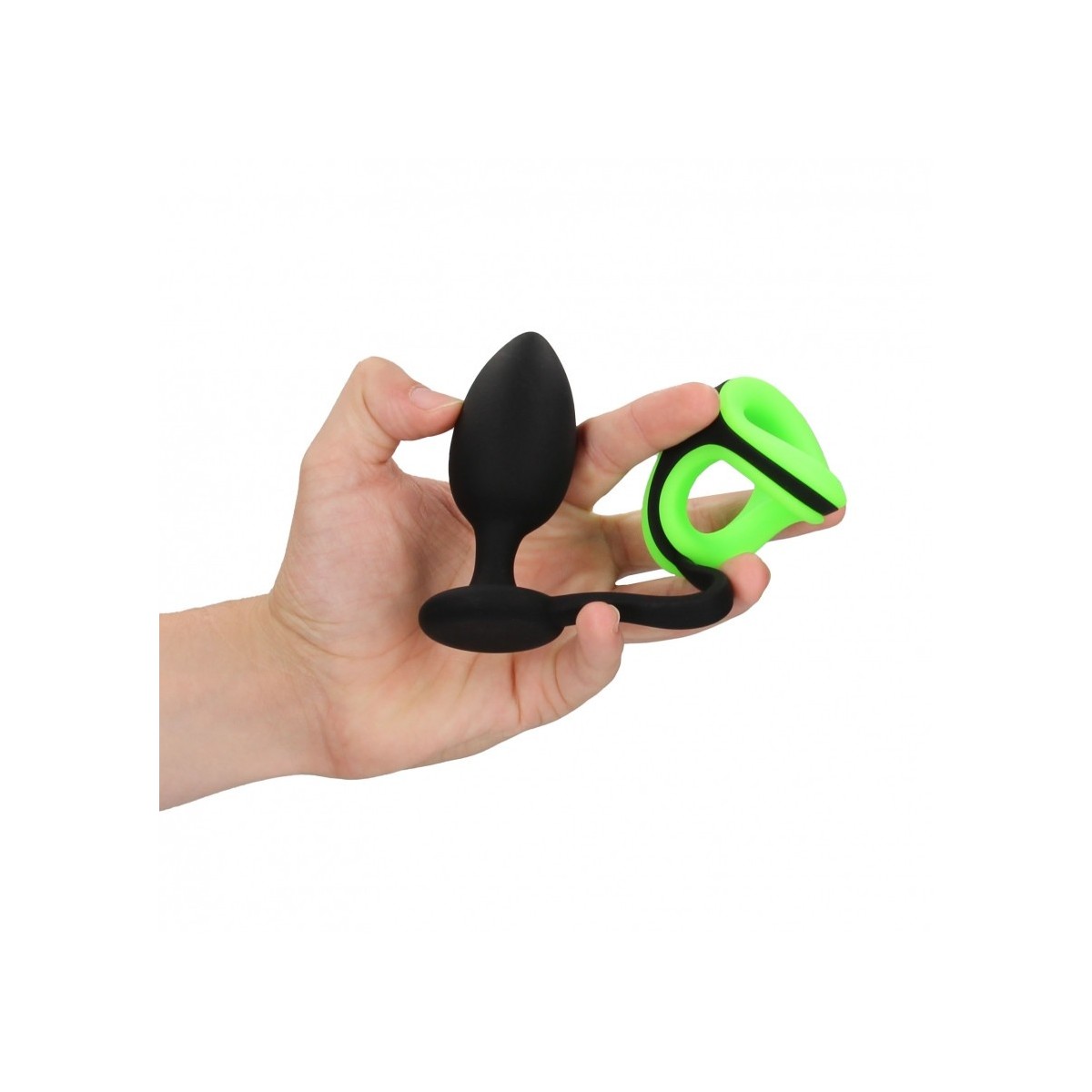 Plug anale con anello fallico Butt Plug Cock Ring & Ball Strap GitD Neon Green/Black