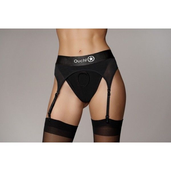 Slip con vibrazione e reggicalze strapon nero