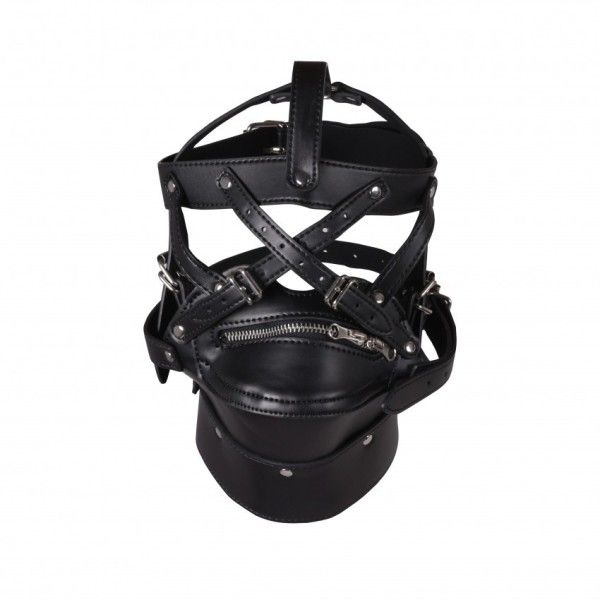 Imbracatura testa BDSM con zip per bocca nera
