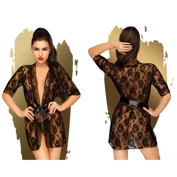 Vestaglia sexy in pizzo e cintura raso nera