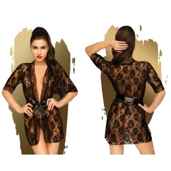 Vestaglia sexy in pizzo e cintura raso nera