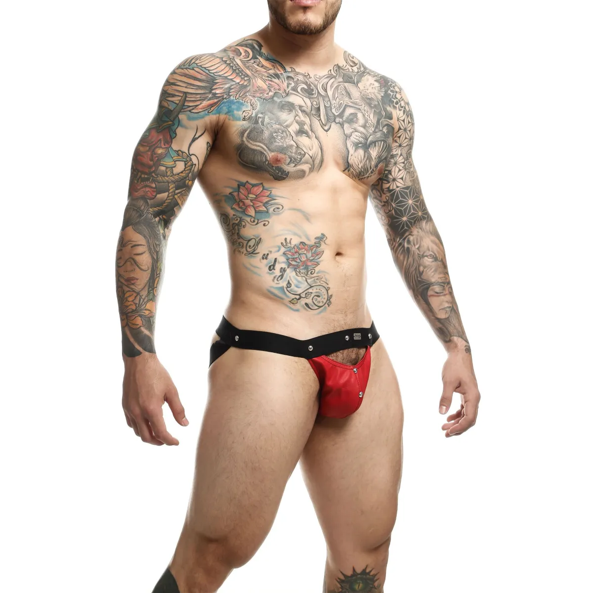 Jockstrap sexy con borchie Peekaboo di Dngeon