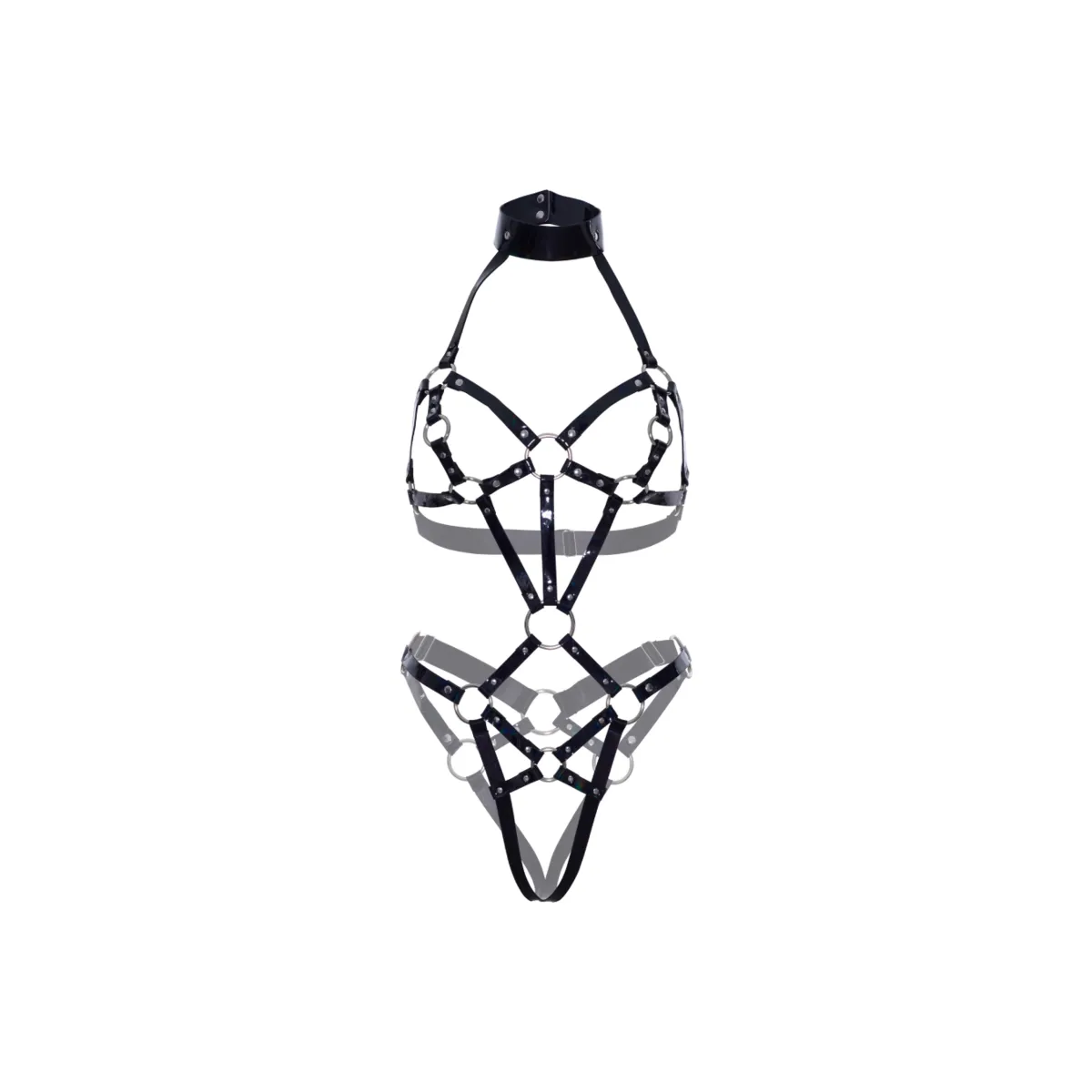 Body harness BDSM lucido con colletto